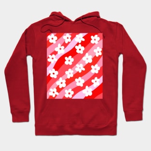 Pink and Red Groovy Flowers on Wavy Stripes Hoodie